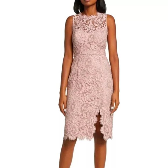 NEW Eliza J Siz 8 Blush Pink Sleeveless Lace Applique Illusion Sheath High Neck - Picture 1 of 9